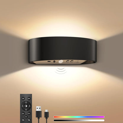 Motion Sensor Wall Sconces Set of 2, Rechargeable 5000mAh Battery Operated Wall Light with Remote Control, 15 RGB and 3 Colors Dimmable, Up and Down Wireless Wall Mount Light for Hallway Stair