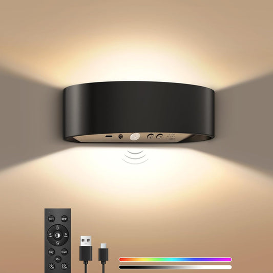 Motion Sensor Wall Sconces Set of 2, Rechargeable 5000mAh Battery Operated Wall Light with Remote Control, 15 RGB and 3 Colors Dimmable, Up and Down Wireless Wall Mount Light for Hallway Stair