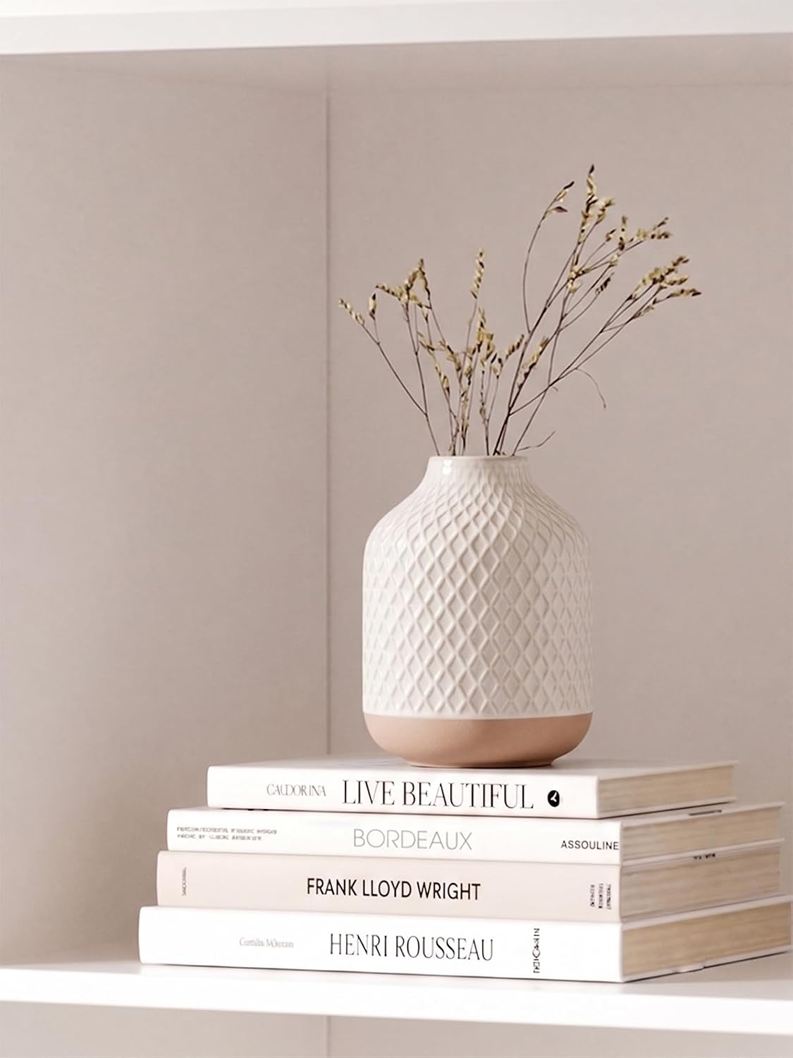 Small Boho Vase for Decor,Rustic Farmhouse Vase for Pampas Grass,Eucalyptus Set and Tiny Stem Flowers,Ceramic for Centerpieces, 5.3 Inch,Wave-Arctic White