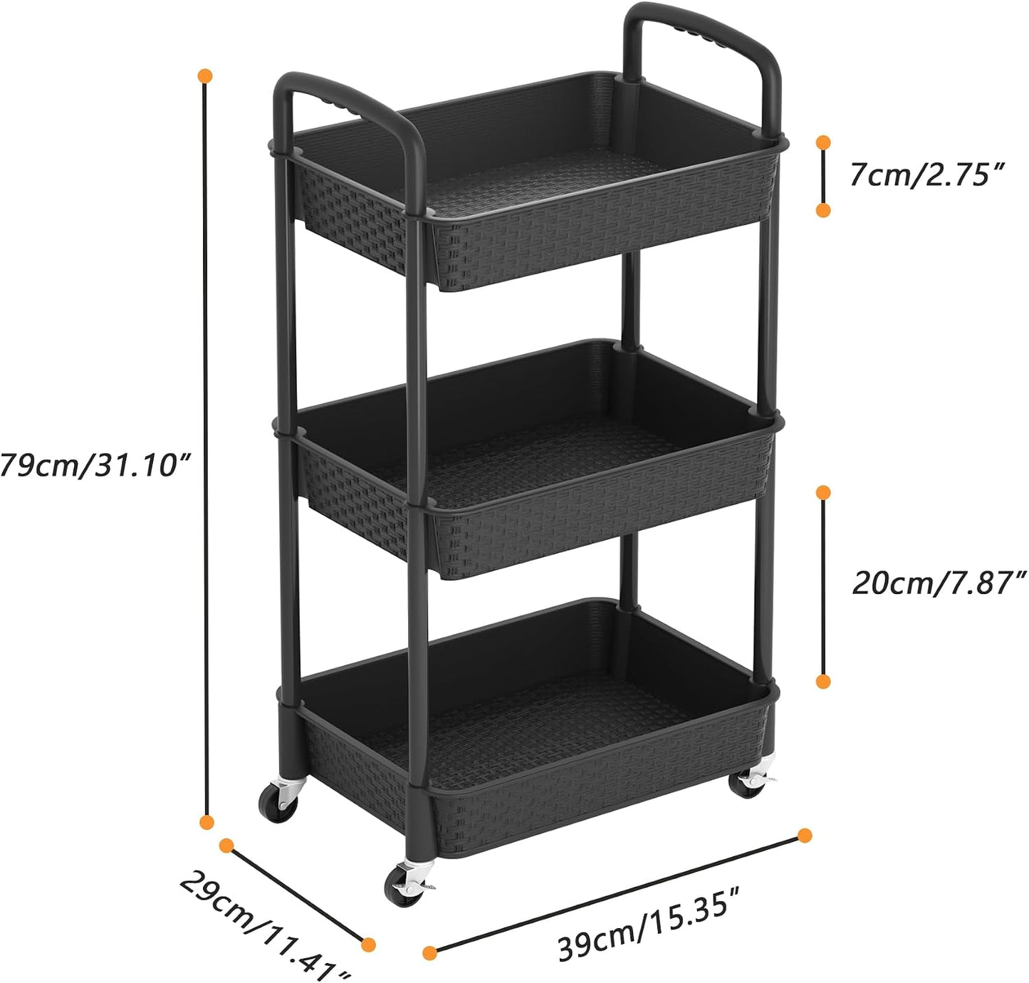 MOYIPIN 3-Tier Plastic Rolling Utility Cart with Handle,Utility Storage Cart for Office, Living Room, Kitchen,Movable Storage Organizer Shelves,White