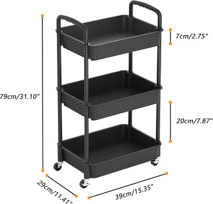 MOYIPIN 3-Tier Plastic Rolling Utility Cart with Handle,Utility Storage Cart for Office, Living Room, Kitchen,Movable Storage Organizer Shelves,White