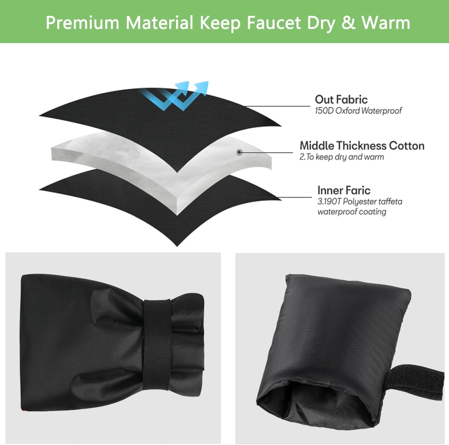 BoArt Outdoor Faucet Cover Socks for Winter Freeze Protection, 7.09" W x 9.06" H, Hose Bib Covers for Wall Taps Outside, Waterproof & Frost Free Insulated Spigot Cover, 2 Pcs Faucet Socks Black