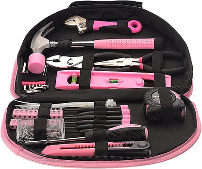 FLZOSPER 69-Piece Pink Hand Tool Set -Lady's Essential Home Repairing Tool Kit General Household Tool Set with 12-Inch Storage Tool Bag