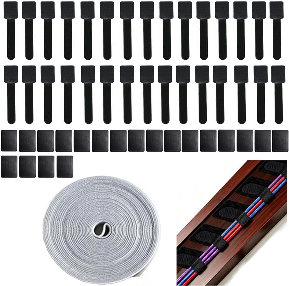 Hook and Loop Cable Ties Wire Clips Kit, 30pcs Self-Adhesive Cable Clips + 20pcs Stickers + 197" Cord Ties Management Organizer Straps Holders for TV PC Desktop Wall, Home Office Desk Accessories