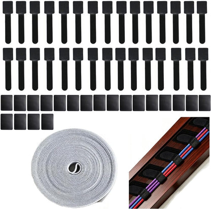 Hook and Loop Cable Ties Wire Clips Kit, 30pcs Self-Adhesive Cable Clips + 20pcs Stickers + 197" Cord Ties Management Organizer Straps Holders for TV PC Desktop Wall, Home Office Desk Accessories