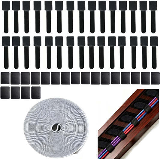 Hook and Loop Cable Ties Wire Clips Kit, 30pcs Self-Adhesive Cable Clips + 20pcs Stickers + 197" Cord Ties Management Organizer Straps Holders for TV PC Desktop Wall, Home Office Desk Accessories