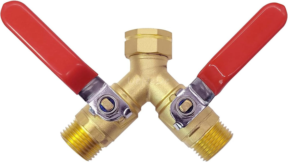 Uenede Brass Full Flow Garden Hose Splitter 3/4" GHT Heavy Duty 2 Way Y Valve Water Hose Shut Off Outdoor Faucet Splitter Connector Adapter with Long Handle