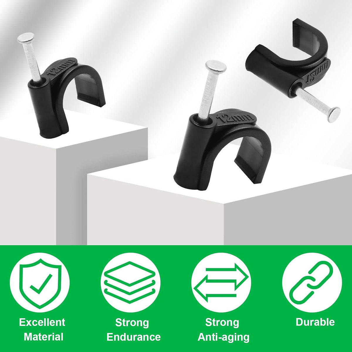 Flat Ethernet Cable Wire Clips with Nail, 14mm, White | Single Coaxial Cable Clamps, Cable Management