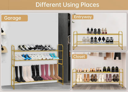KEETDY 3-Tier Long Shoe Rack for Closet Metal Shoe Organizer for Entryway, Wide Stackable Shoe Storage Shelf with Sturdy Wire Grid for Closet Floor, Bedroom, Black