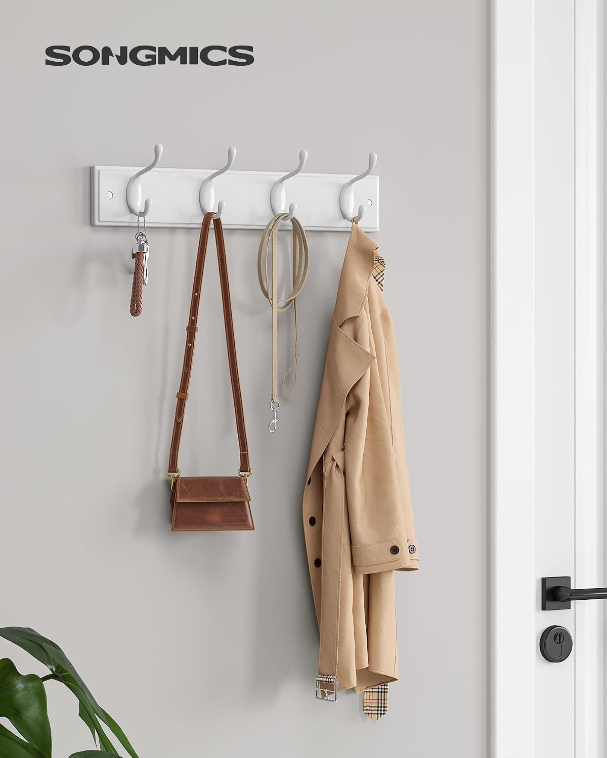 SONGMICS Wall-Mounted Coat Rack, Hook Rack, 4 Dual Metal Hooks, White | For Coats, Bags, Keys, in the Entryway, Bedroom, Living Room ULHR23WT