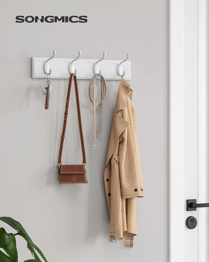 SONGMICS Wall-Mounted Coat Rack, Hook Rack, 4 Dual Metal Hooks, White | For Coats, Bags, Keys, in the Entryway, Bedroom, Living Room ULHR23WT