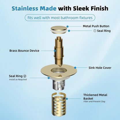Universal Metal Bathroom Sink Drain Strainer Hair Catcher Upgraded 3 in 1 Pop-up Sink Stopper, with Detachable Stainless Steel Filter Basket, Fit for Standard 1.1''~2.36'' Basin Hole, Brushed Nickle