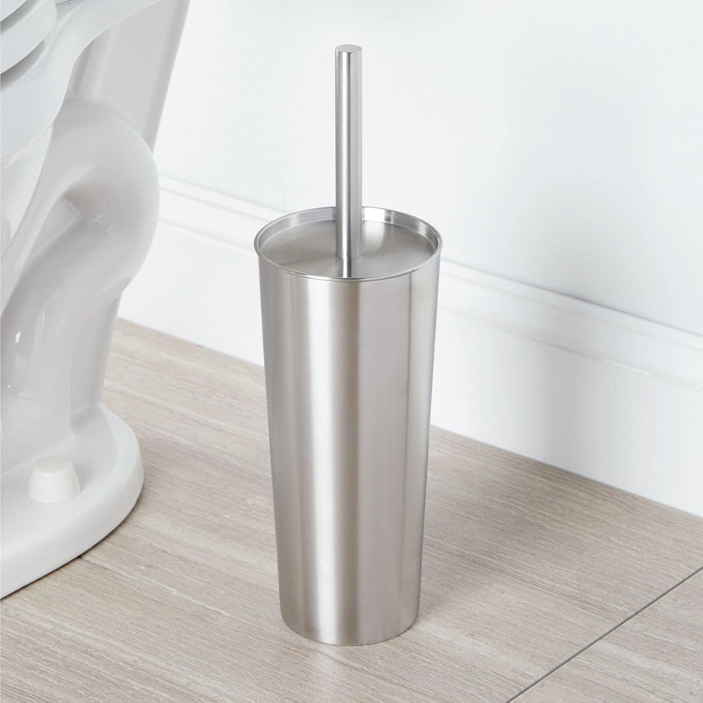 mDesign Metal Freestanding Slim Toilet Bowl Brush and Holder + Rectangle Narrow 5 Liter / 1.3 Gallon Step Pedal Trash Can Wastebasket for Bathroom - Small, Compact Design - Set of 2 - Brushed/Chrome