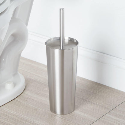 mDesign Metal Freestanding Slim Toilet Bowl Brush and Holder + Rectangle Narrow 5 Liter / 1.3 Gallon Step Pedal Trash Can Wastebasket for Bathroom - Small, Compact Design - Set of 2 - Brushed/Chrome