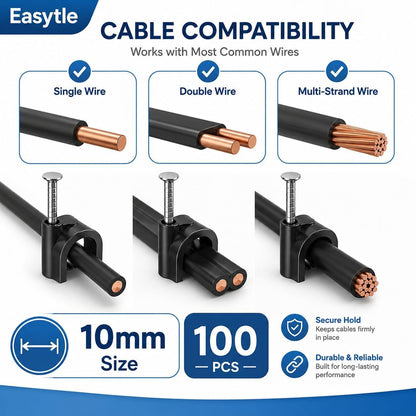 Easytle Plastic Cable Clamps Nail in Cable Clips 100 Pcs 10mm Cable Wire Clips Cable Tacks Coax Cable Clips Speaker Wire Clips Cable Nails for Cords Ethernet Cable Clips Black RG6 RG59 CAT6 RJ45