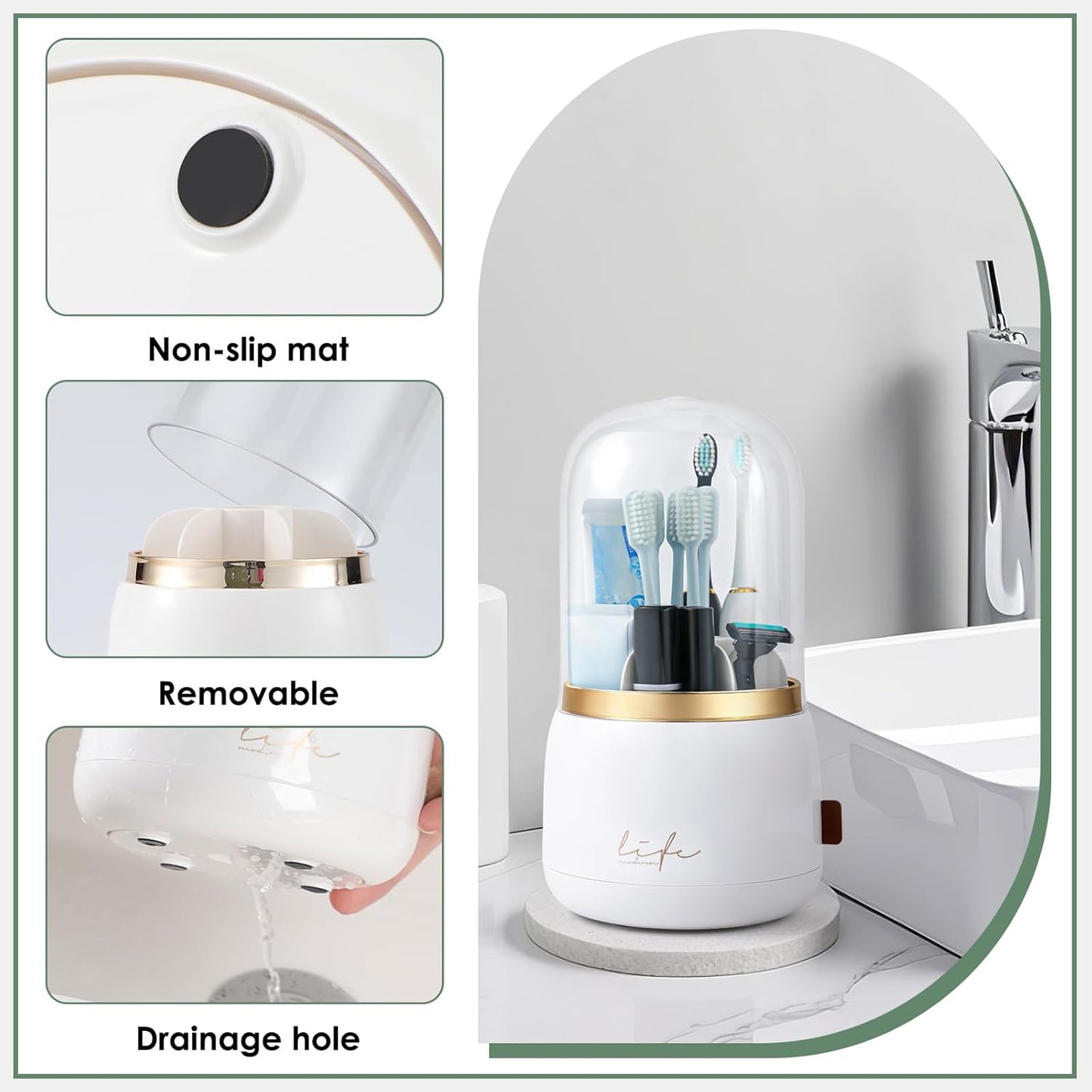 Toothbrush Holders for Bathrooms,Rotating 5-Slot with Cover and Draining Water,Kids Electric Toothbrush Holder and Toothpaste Stand Storage for Bathroom Accessories Counter Organizer Vanity