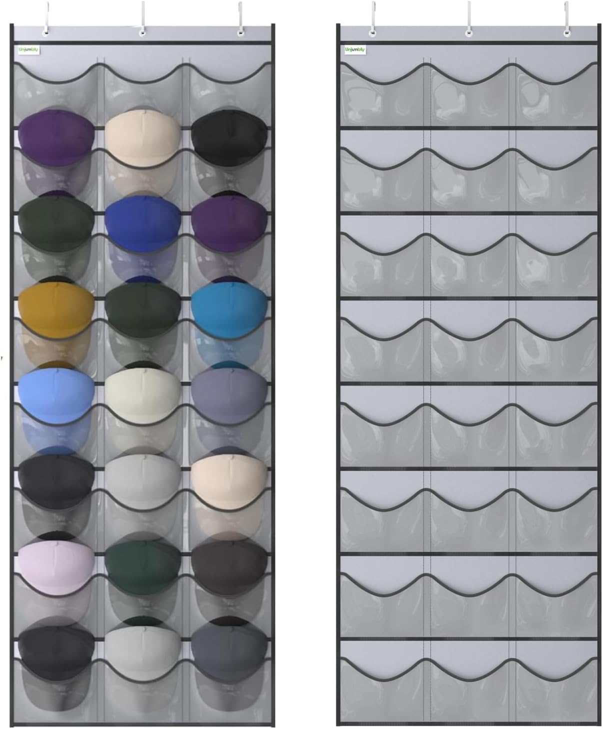 Baseball Hat Rack, 24 Pocket Over-The-Door Hat Organizer with Clear Deep Pockets to Display Baseball Caps Collection, Complete with 3 Over Door Hooks (Black, 24 Pockets)