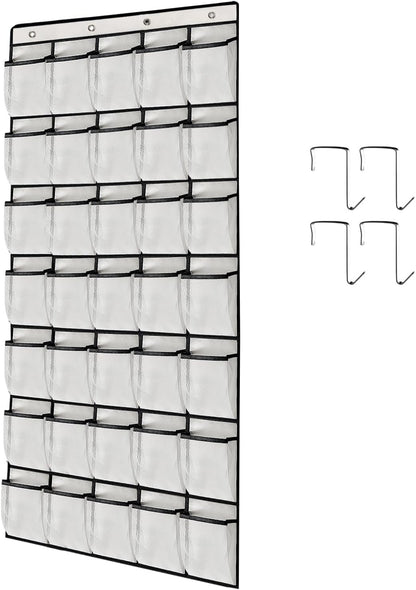 1 Pack 35 Clear Crystal Pockets Large Hanging Shoe Organizer Over The Door Shoe Rack for Closet Door Storage Shoe Holder Hanger, 4Hooks, white (67.7'' x 26.4'')