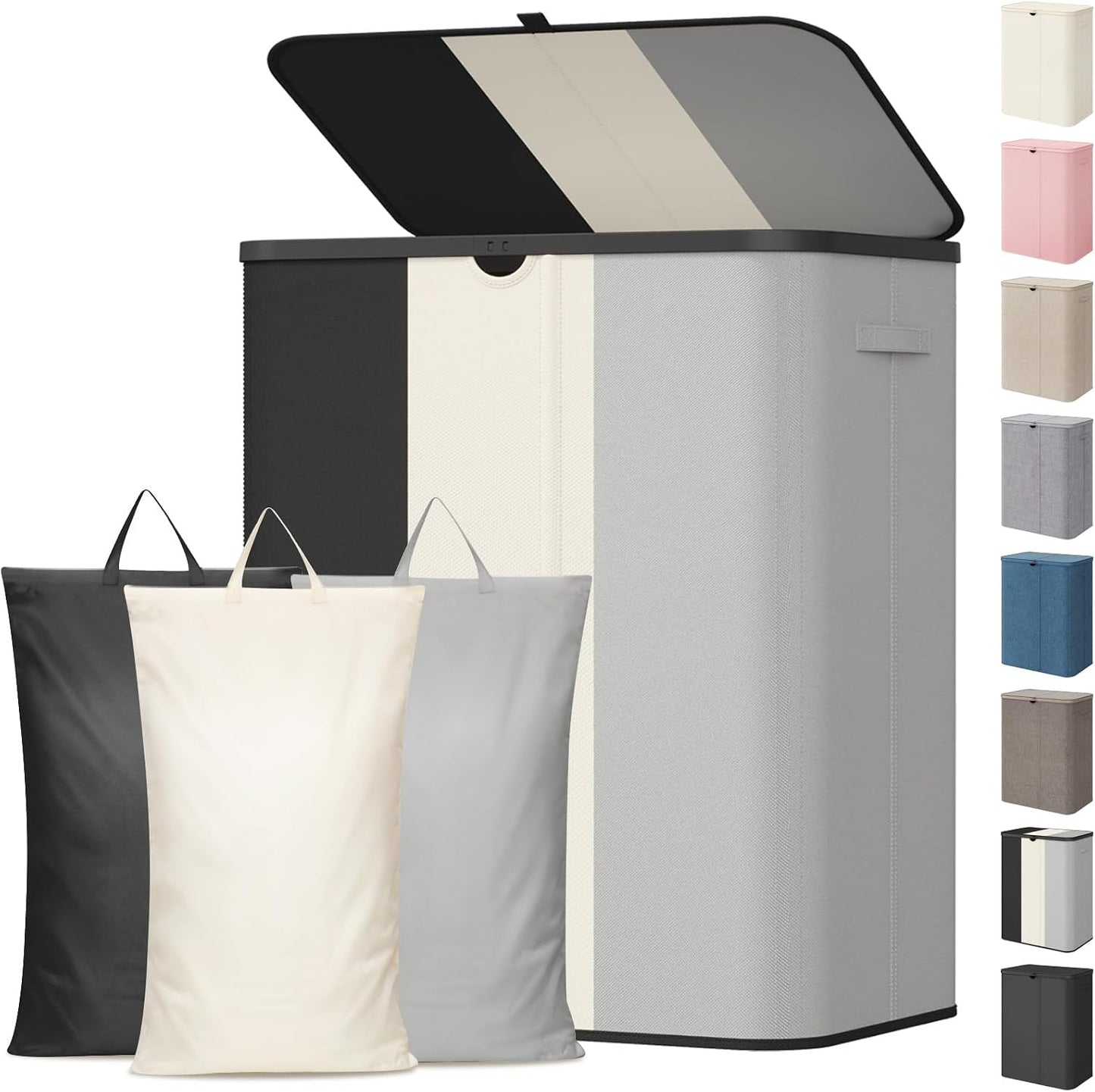 Lifewit 185L 3 Section Laundry Hamper with Lid, Large Laundry Basket with Handles and Removable Bags, Tall Clothes Hamper, Foldable Laundry Sorter for Bedroom Bathroom, Beige