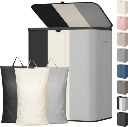 Lifewit 185L 3 Section Laundry Hamper with Lid, Large Laundry Basket with Handles and Removable Bags, Tall Clothes Hamper, Foldable Laundry Sorter for Bedroom Bathroom, Beige