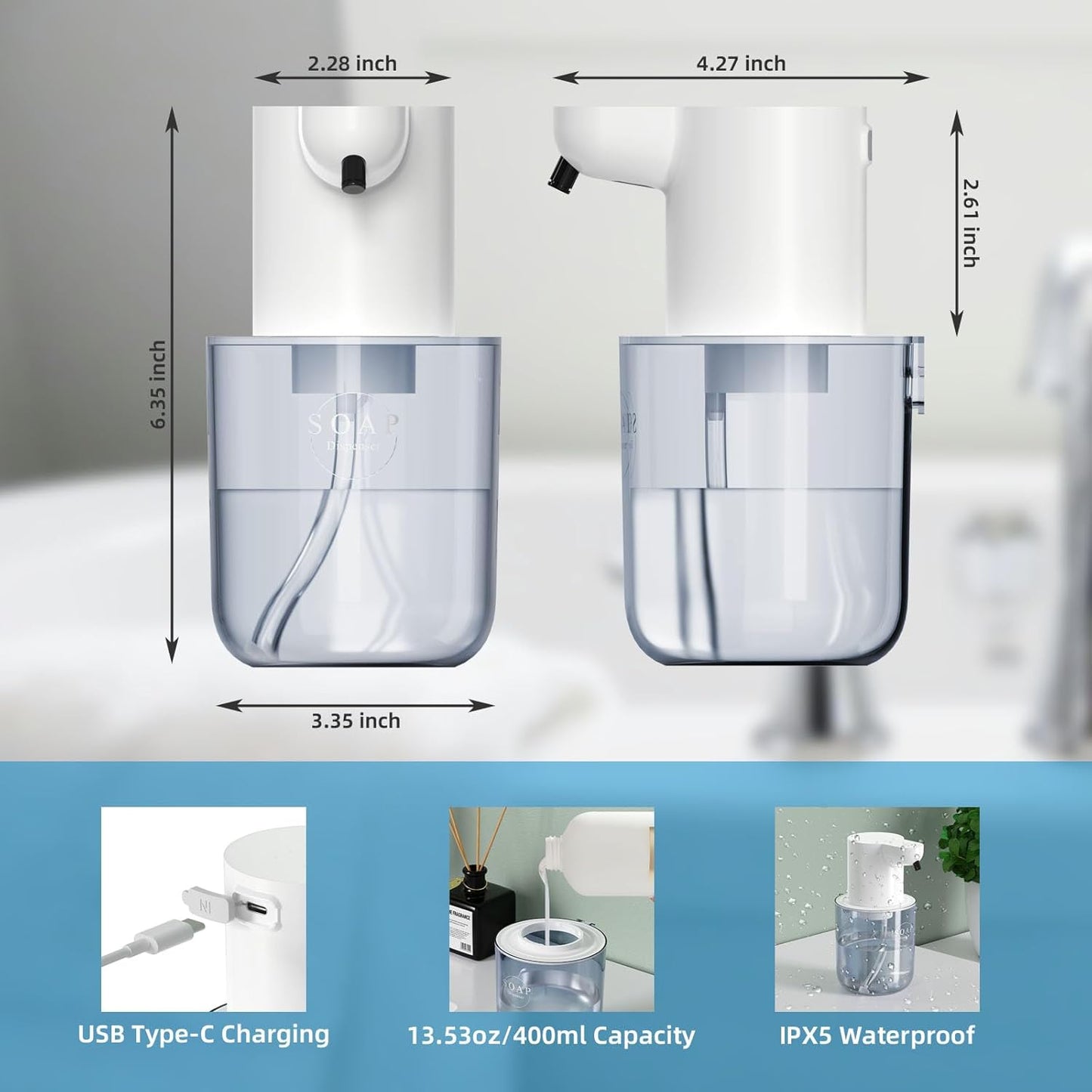 Automatic Foaming Soap Dispenser Touchless Rechargeable 13.53oz/400ml with Wall Mount and 4-Level Adjustable Electric Foam Soap Dispenser, Hand, Hands Free, Bathroom, Kitchen (White)