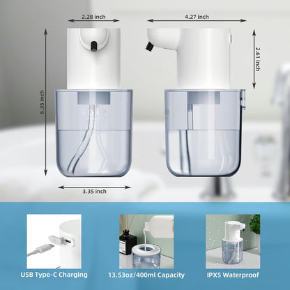 Automatic Foaming Soap Dispenser Touchless Rechargeable 13.53oz/400ml with Wall Mount and 4-Level Adjustable Electric Foam Soap Dispenser, Hand, Hands Free, Bathroom, Kitchen (White)