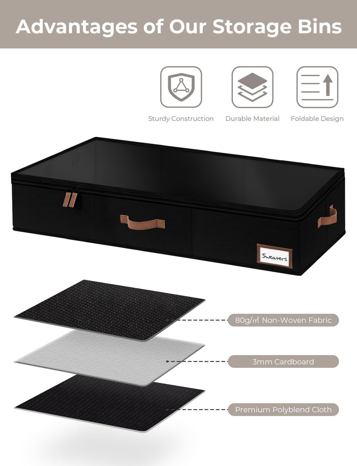 StorageWorks Large Under Bed Storage Containers with Handles and Label Holder, 2 Pack Ultra-thick Fabric Underbed Bins, Closet Organizer for Clothes, Blankets, Sweater