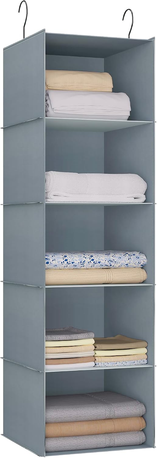 Hanging Closet Organizer 3-Shelf, Oxford Fabric Wardrobe Storage, Gray | Easy-mount foldable design holds clothes, handbags, shoes & accessories; washable Oxford fabric, sturdy and space-saving.