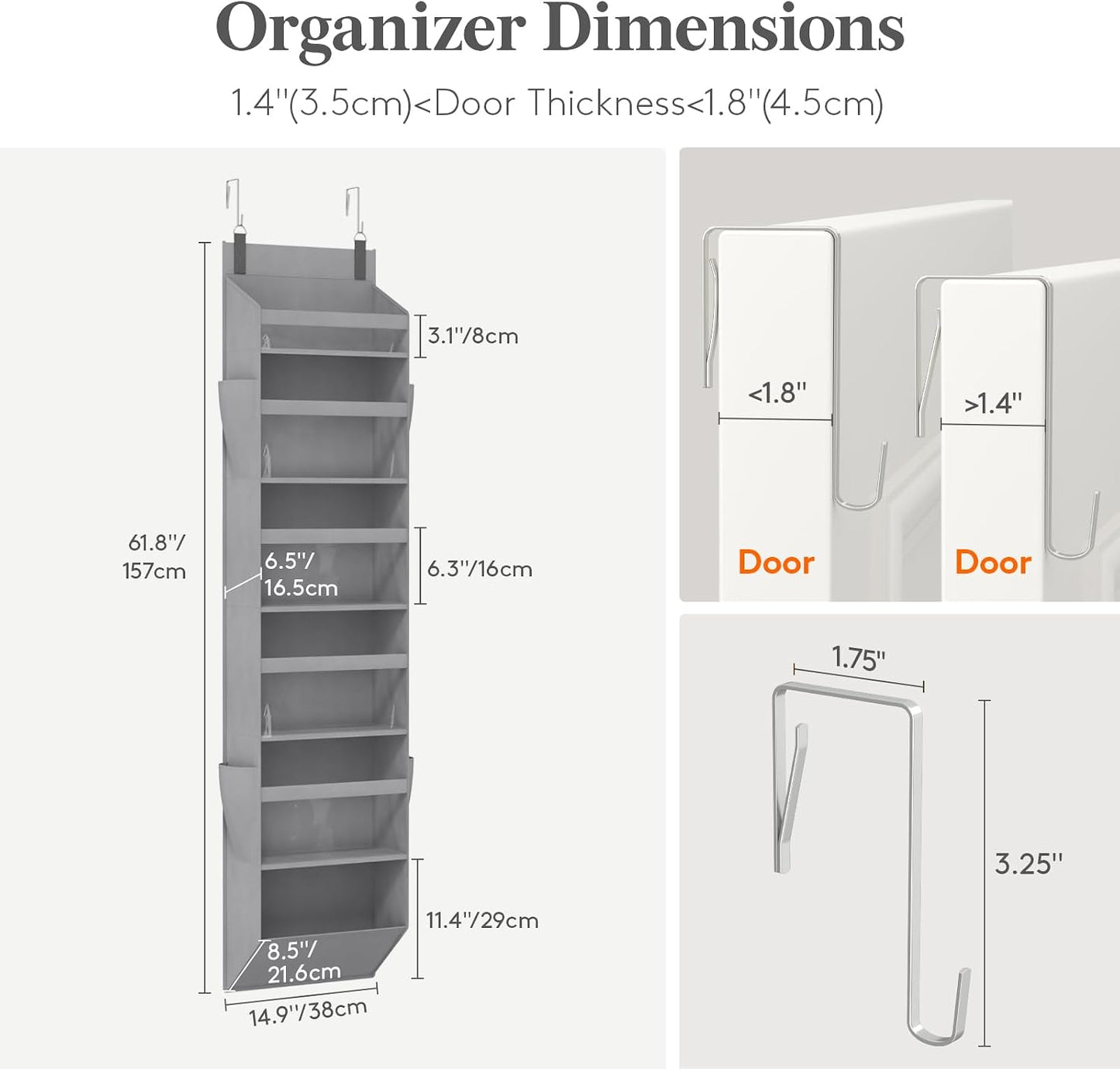 Lifewit 1 Pack Over the Door Organizer, 5 Section Clear Window Hanging Storage with 4 Side Pockets, Sturdy Anti Tilt 40 lbs Load Behind Door for Closet, Bedroom, Bathroom, Nursery, Dorm, Dark Gray
