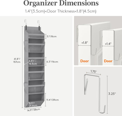 Lifewit 1 Pack Over the Door Organizer, 5 Section Clear Window Hanging Storage with 4 Side Pockets, Sturdy Anti Tilt 40 lbs Load Behind Door for Closet, Bedroom, Bathroom, Nursery, Dorm, Dark Gray