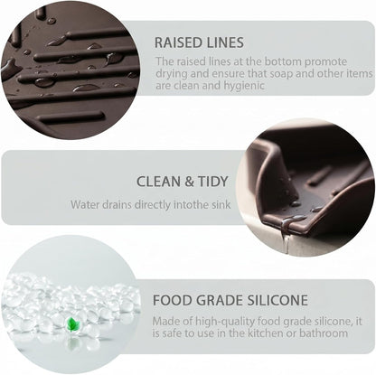 MicoYang Silicone Bathroom Soap Dishes with Drain Spout-Bathroom and Kitchen Sink Organizer,Sponge Holder,Dish Soap Tray,Perfect for Dispenser,Scrubber,Bottle,Cup on Sink or Counter-Coffee 4.9"×3.2"