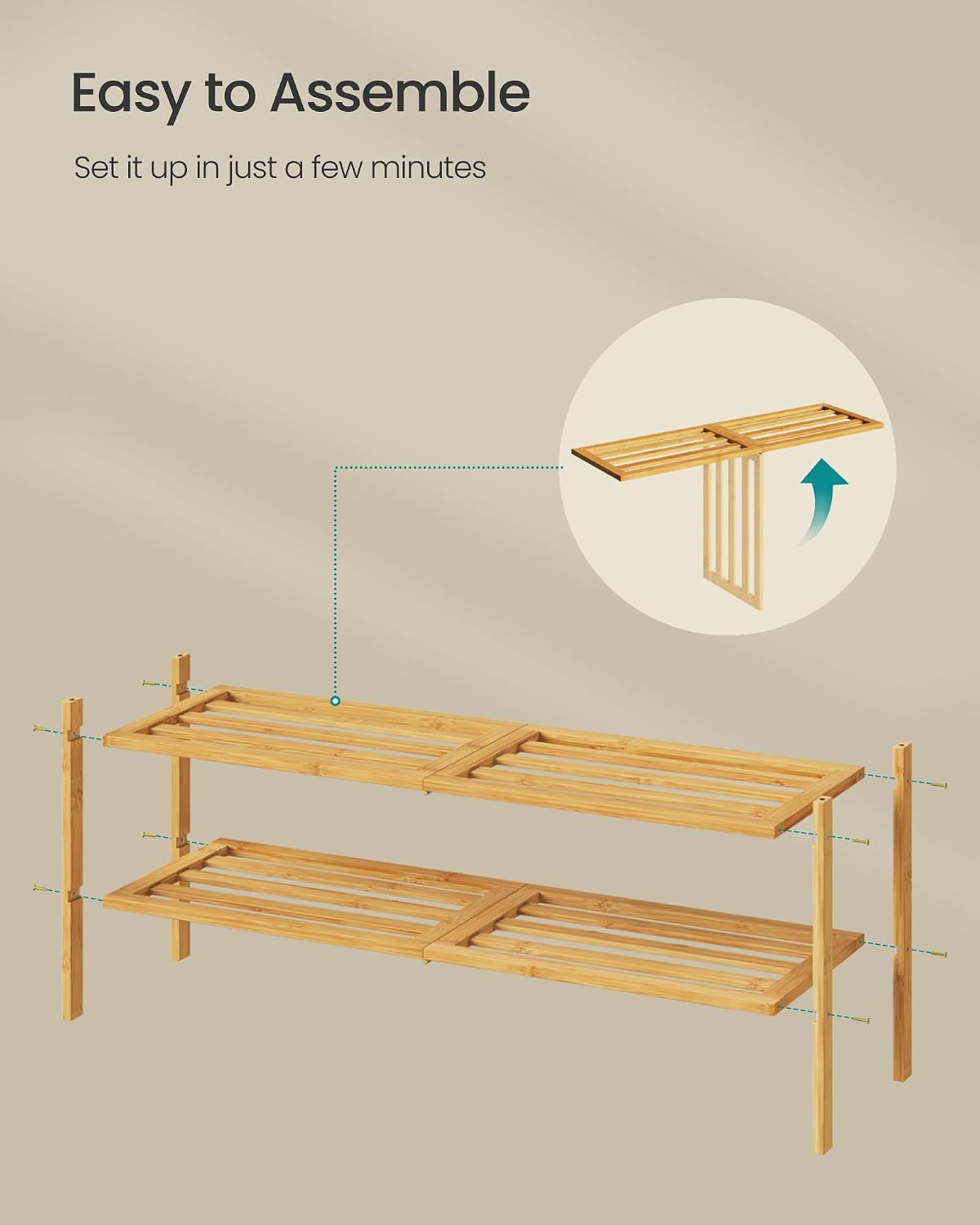 SONGMICS Bamboo Shoe Rack for Closet, Stackable Shoe Oragnizer with Modular Structure, Space-Saving Free Standing Shelf for Entryway Bedroom, 2-Tier, Holds 9-12 Pairs, Natural Color ULBS052YL01