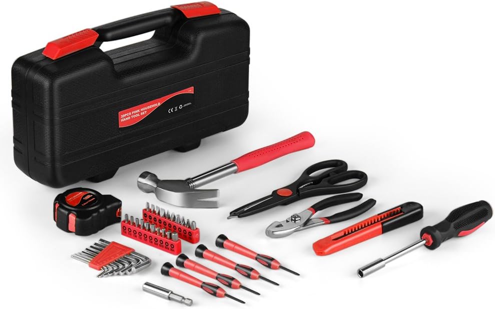 Flexzion 39 Piece Hand Tool Kits with Case - Compact Tool Kit for Handyman, Homeowners DIY - Household Tool Kit for Home with Portable Basic Tool Set Case, Pink