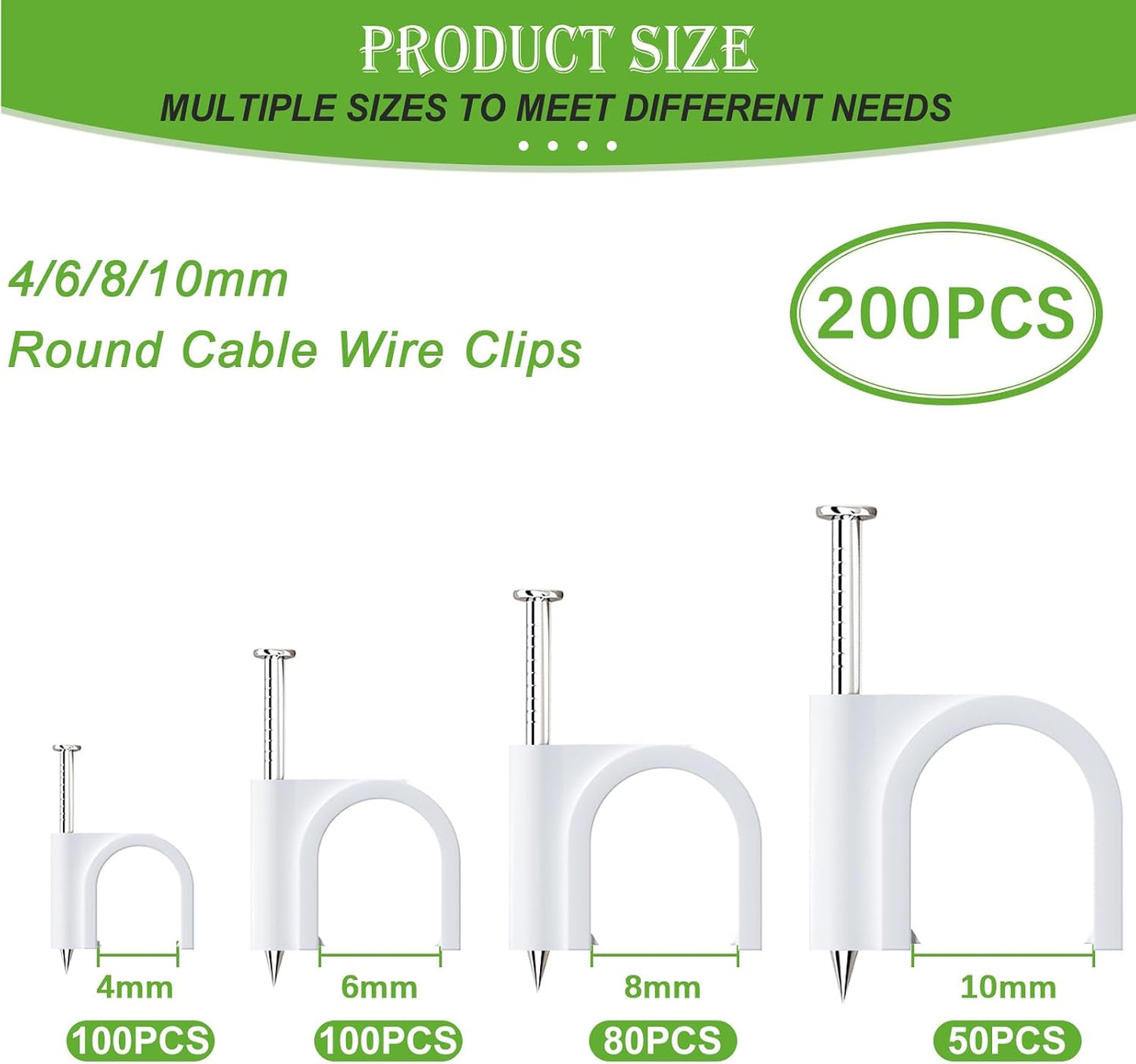 mxuteuk 630PCS Cable Clips with Steel Nails,4/5/6/8/10mm Round and 5/6mm Square White Cable Wire Clips,Wall Clips for Cords,Cable Cord Clips for RG6 RG59 CAT6 RJ45