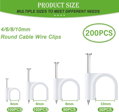 mxuteuk 630PCS Cable Clips with Steel Nails,4/5/6/8/10mm Round and 5/6mm Square White Cable Wire Clips,Wall Clips for Cords,Cable Cord Clips for RG6 RG59 CAT6 RJ45