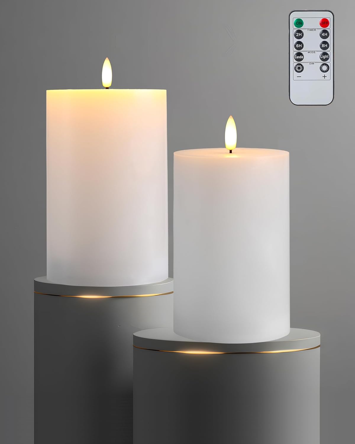 Gmnee 3"x4" Flickering Flameless Candles with Remote Timer, 3" Diameter White Pillar, Real Wax, Set of 2 Large Battery Operated LED Candles for Table and Fireplace Decor (H 4")