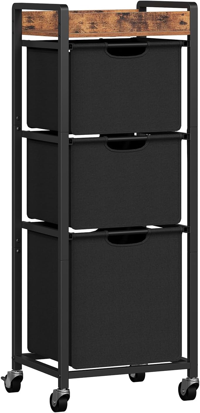 HOOBRO Vertical Laundry Hamper with Wheels, Slim 3 Section Laundry Sorter, Space Saving Rolling Laundry Cart with Removable Bags & Shelf, Laundry Basket for Bathroom, Bedroom, Rustic Brown