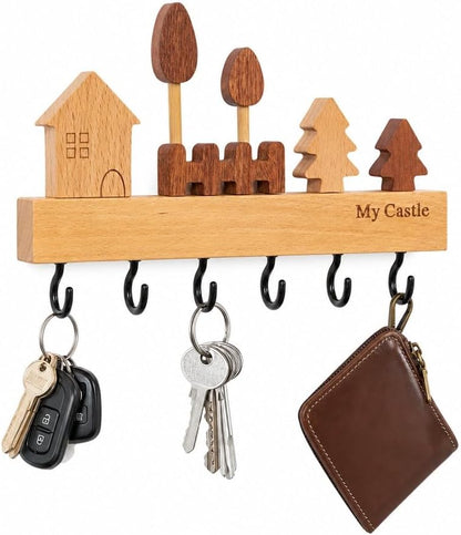 My Castle Wooden Key Holder Wall Mounted with 6 Hooks, Rustic Solid Wood Entryway Organizer, Cute House & Tree Design, Heavy Duty Wall Hooks for Keys, Bags, Hats