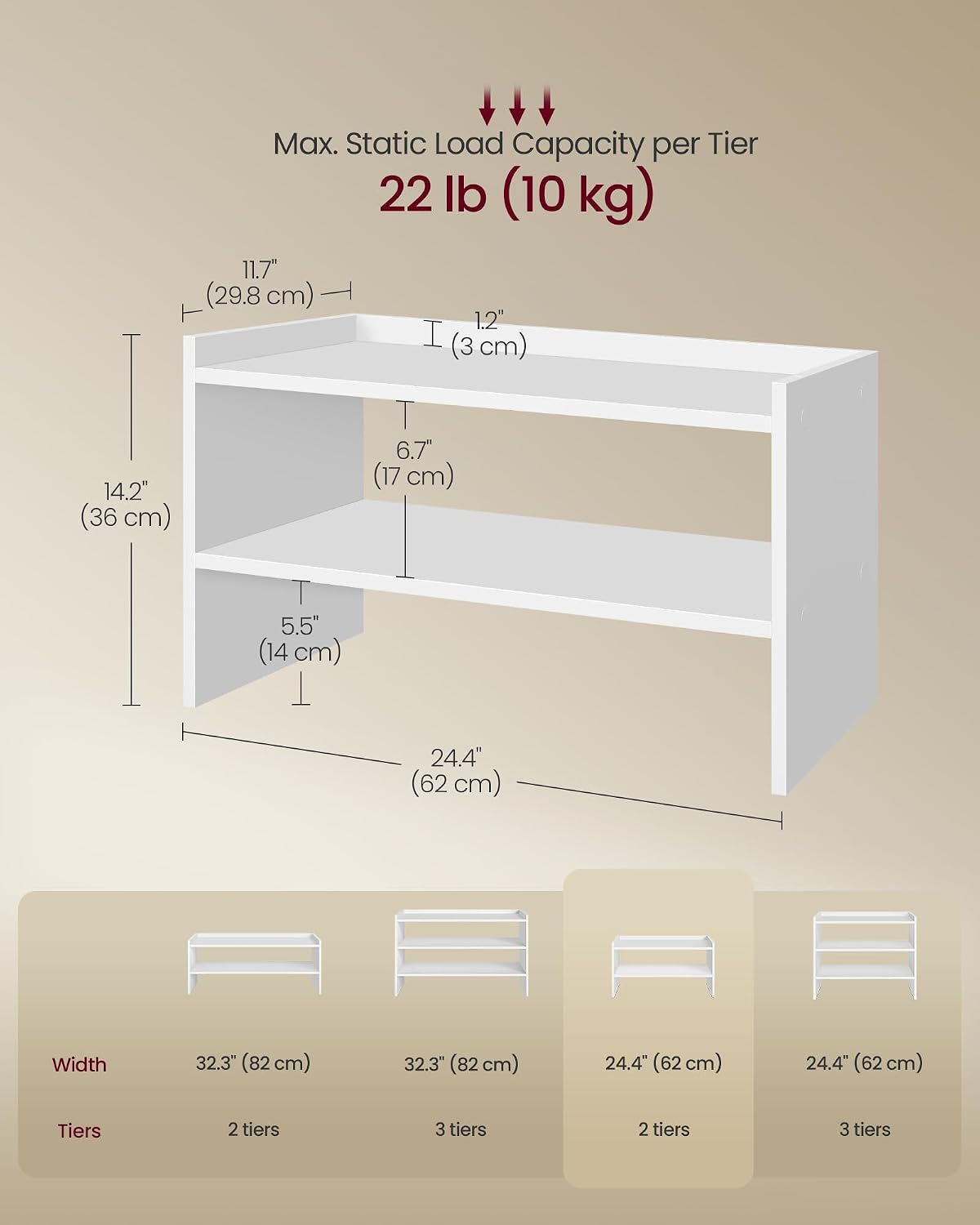 VASAGLE CUSTOS Collection - Shoe Rack for Closet, Stackable Shoe Organizer Shelf for Entryway, 2 Tiers, 11.7 x 24.4 x 14.2 Inches, White ULBS062WZ01S