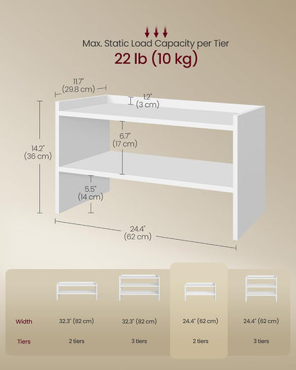 VASAGLE CUSTOS Collection - Shoe Rack for Closet, Stackable Shoe Organizer Shelf for Entryway, 2 Tiers, 11.7 x 24.4 x 14.2 Inches, White ULBS062WZ01S
