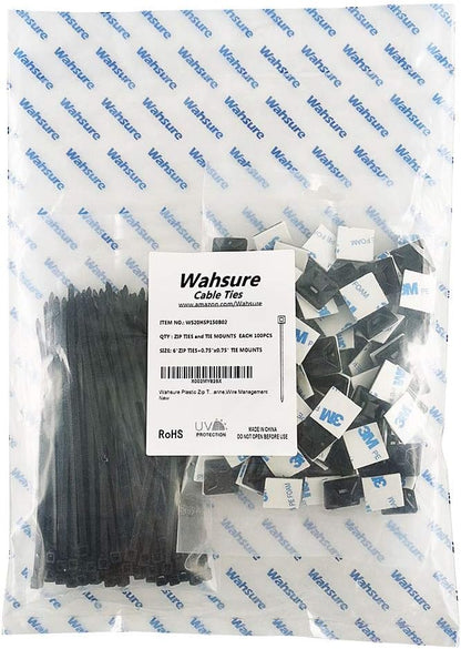Strong Self Adhesive Wire Clips Cable Zip Tie Mounts 3/4" with 6 Inch Zipties Black UV Protection Outdoor 100 Pcs,Sticky Wire Fasteners Cable Guide Management Mounting Suqare Holder Anchor Base Small