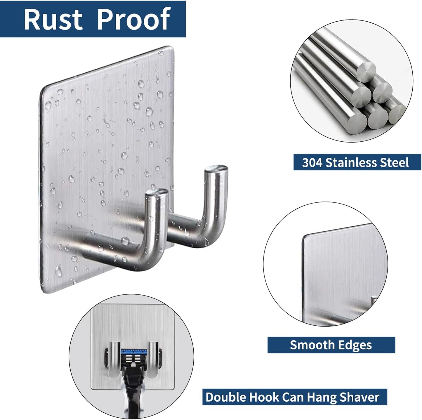 Hawsam 6 Pack Self Adhesive Wall Hooks for Hanging Heavy Duty 44LB(Max) Adhesive Towel Hooks 304 Stainless Steel Sticky Hooks for Robe Coat, Waterproof Shower Hooks for Bathroom Kitchen