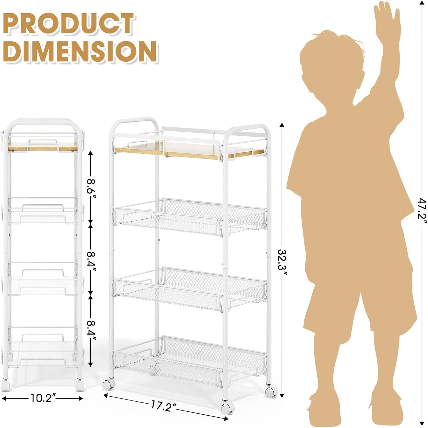 TOOLF 4-Tier Slim Rolling Cart, Metal Utility Cart, Slide Out Storage Cart with Wooden Tabletop and Mesh Baskets for Narrow Space on Kitchen Bathroom Laundry Room Bedroom Apartments Dormitory