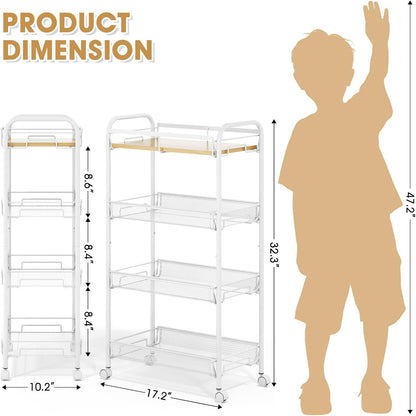 TOOLF 4-Tier Slim Rolling Cart, Metal Utility Cart, Slide Out Storage Cart with Wooden Tabletop and Mesh Baskets for Narrow Space on Kitchen Bathroom Laundry Room Bedroom Apartments Dormitory