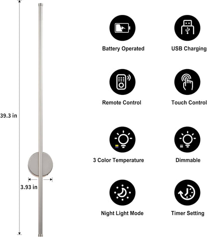 Battery Operated Modern Wall Sconces, Dimmable Wireless Wall Light Set of Two with Remote Control, 3 Color Temperatures, Rechargeable LED Wall Sconce for Bedroom, Living Room, Hallway, 23.6 Inch Brass