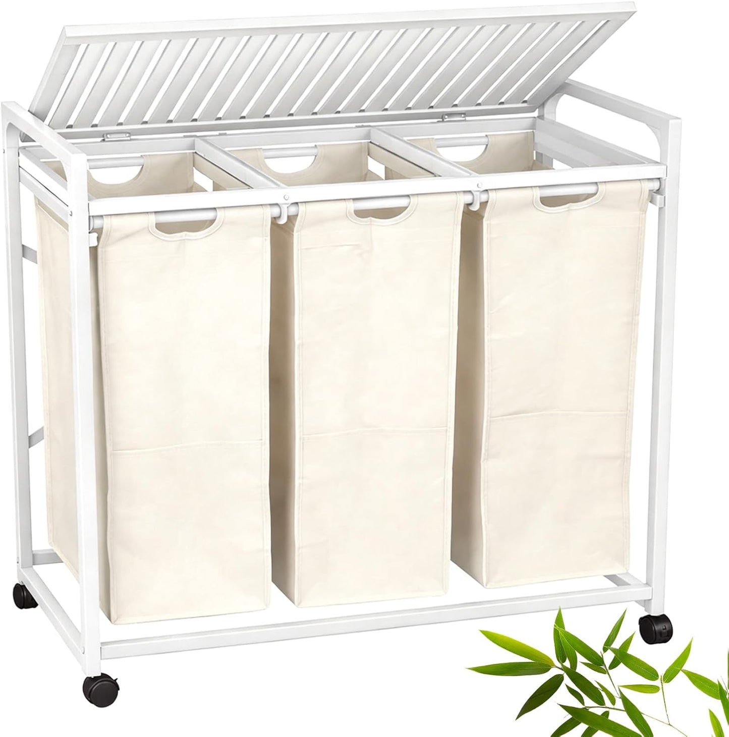 Bamboo Laundry Hamper 3 Section with Lid, 150L Laundry Sorter with Lockable Wheels, Pull-Out Removable Washable Bags, 3 × 12.5 Gal Divided Laundry Baskets for Laundry Room, Bathroom (White)