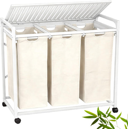 Bamboo Laundry Hamper 3 Section with Lid, 150L Laundry Sorter with Lockable Wheels, Pull-Out Removable Washable Bags, 3 × 12.5 Gal Divided Laundry Baskets for Laundry Room, Bathroom (White)