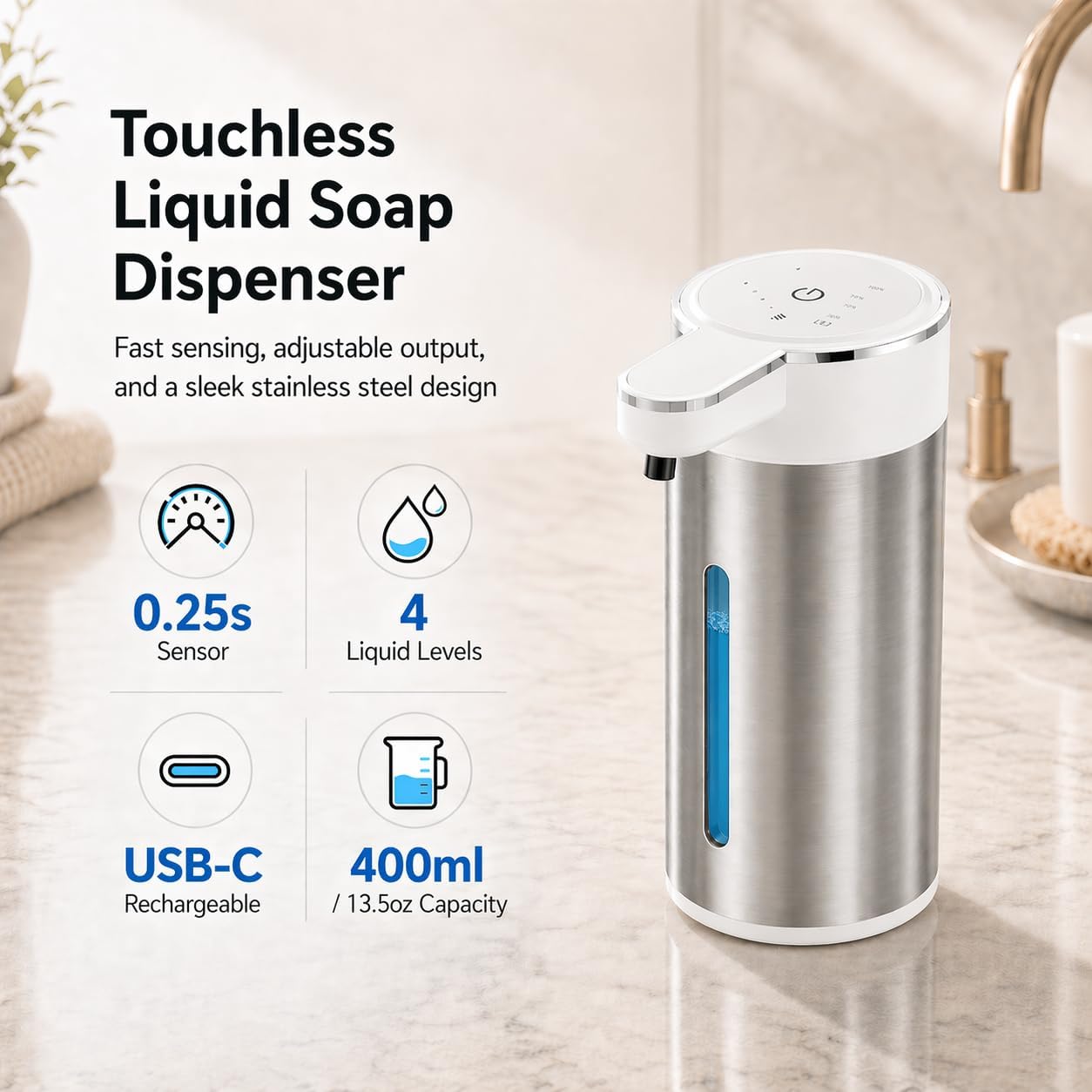 Automatic Foaming Soap Dispenser Touchless, 304 Stainless Steel Hand Soap Dispenser, USB Rechargeable, 4 Adjustable Levels, 13.5 oz (400 ml), for Kitchen & Bathroom (Black, Foam)