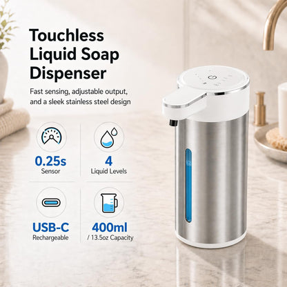Automatic Foaming Soap Dispenser Touchless, 304 Stainless Steel Hand Soap Dispenser, USB Rechargeable, 4 Adjustable Levels, 13.5 oz (400 ml), for Kitchen & Bathroom (Black, Foam)