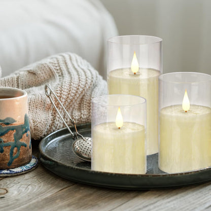Flameless Flickering Battery Operated Candles D2.2''*H4 5" 6" 7" 8" 9" Set of 9 Ivory Real Wax Pillar LED Candles with 10-Key Remote and Cycling 24 Hours Timer (Ivory)